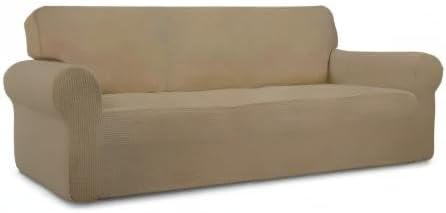 Easy-Going Stretch Oversized Sofa Slipcover 1-Piece Sofa Cover Furniture Protector Couch Soft with Elastic Bottom for Kids, Polyester Spandex Jacquard Fabric Small Checks Tan
