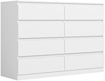 Vibe & Dine Double Dresser 8 Drawer, Modern Wooden Chest of Drawers with Wide Storage for Closet, Bedroom, Living Room, White