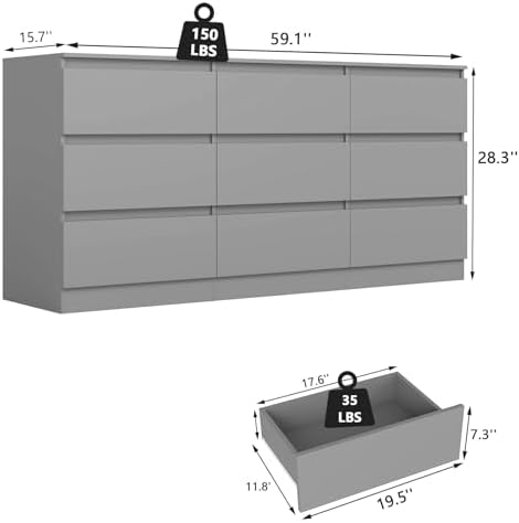 VERYKE Grey 9 Drawer Dresser for Bedroom,Chest of Drawers with No-Handle Design for Closet,Modern Wood Dresser Bedroom Storage Furniture