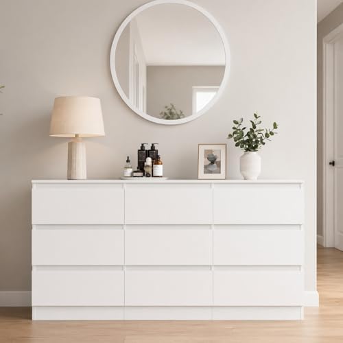 White 9 Drawer Dresser for Bedroom,Modern Deep Drawer Dresser with No-Handle Design,Wide Storage Chest of Drawers,Wood Bedroom Storage Organizer Furniture for Closet,Hallway