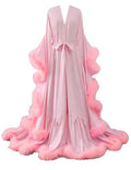 Feather Silk Satin Bridal Robe Long Wedding Scarf Illusion Bathrobe Sleepwear for Women Sexy Lingerie Nightgown - color: Blush Pink, size: Small-Medium