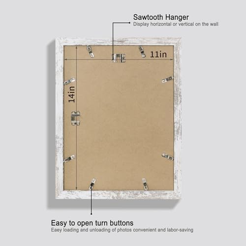 Hongkee 11x14 Picture Frame Set of 4, Made of Glass and Distressed White Wooden Frame, Display 8x10 Pictures with Mat or 11 x 14 Posters without Mat for Wall Mounting, Gallery Photo Frames