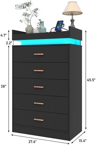 Hlivelood 5 Drawer Dresser with LED Light and Charging Station, Modern Chest of Drawers for Closet, Wide Drawer Organizer Cabinet, Living Room, Entryway, Hallway, Black
