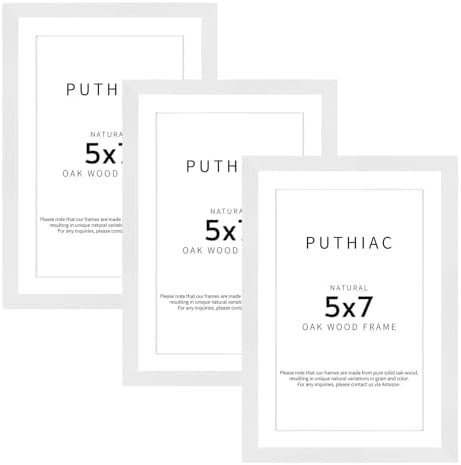 puthiac 5x7 Solid Oak Wood Picture Frames, White, 3 Pack