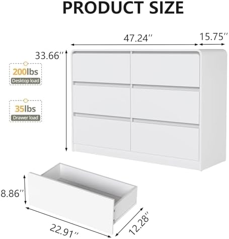 White 6 Drawer Dresser for Bedroom,Modern Deep Drawer Dresser with Curved Corner and No-Handle Design,Storage Wide Chest of Drawer,Wood Bedroom Storage Furniture for Closet,Nursery