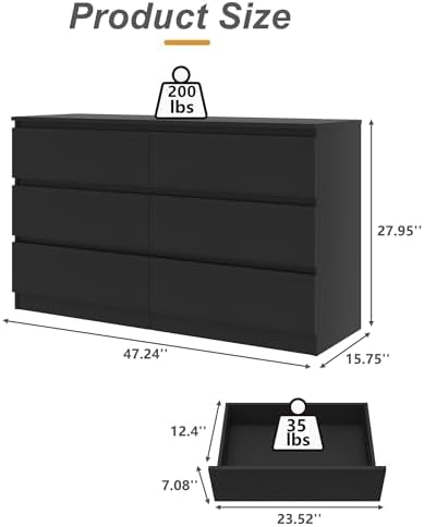 Black 6 Drawer Dresser for Bedroom, Modern Deep Drawer Dresser,Wide Chest of Drawers for Bedroom,Wood Storage Organizer Furniture,TV Dresser for Living Room
