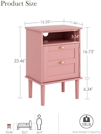 Nightstand, Boho Night Stand with 1 Drawers, Modern Side Accent Table with Open Shelf, Wooden Top Bedside End Table for Bedroom, Living Room, Pink