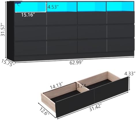 Gyfimoie 12-Compartment Divided Drawer Dresser w/Power Outlet, LED Light