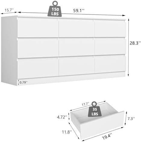 White 9 Drawer Dresser for Bedroom,Modern Deep Drawer Dresser with No-Handle Design,Wide Storage Chest of Drawers,Wood Bedroom Storage Organizer Furniture for Closet,Hallway