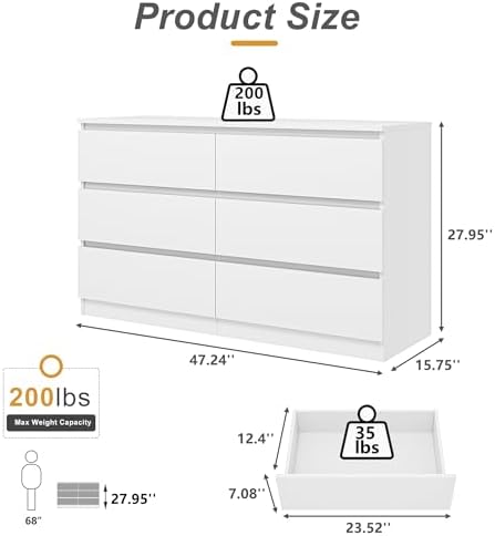 Vibe & Dine White Dresser, Modern 6 Drawer Double Dresser for Bedroom, Wood Chest of Drawers with Wide Storage for Living Room