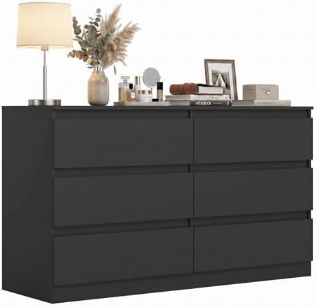 Black 6 Drawer Dresser for Bedroom, Modern Deep Drawer Dresser,Wide Chest of Drawers for Bedroom,Wood Storage Organizer Furniture,TV Dresser for Living Room