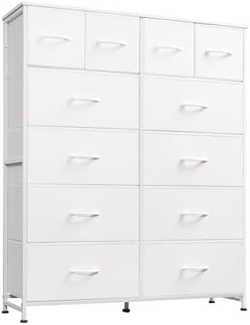WLIVE 12 Drawer Tall White Fabric Dresser Bedroom Storage Chest