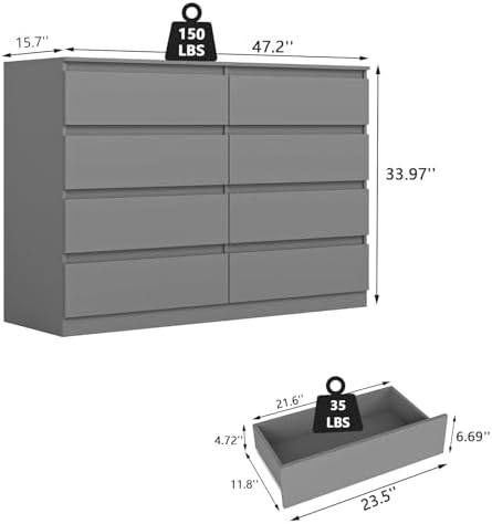 Grey Dresser for Bedroom,Modern Large 8 Drawer Dresser with Deep Drawer,Wide Storage Chest of Drawer,Wood Bedroom Storage Organizer Furniture,TV Stand for Living Room