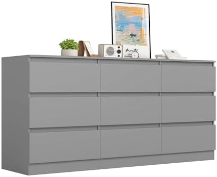 VERYKE Grey 9 Drawer Dresser for Bedroom,Chest of Drawers with No-Handle Design for Closet,Modern Wood Dresser Bedroom Storage Furniture