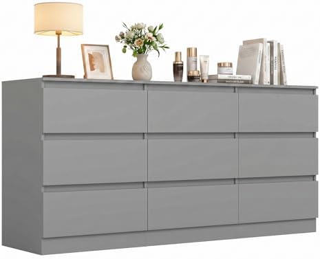 Grey 9 Drawer Dresser for Bedroom,Modern Long Dresser with Deep Drawers,Wide Storage Chest of Drawer,Wood Bedroom Storage Organizer Drawers forBedroom