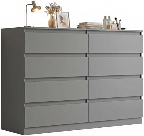 Grey Dresser for Bedroom,Modern Large 8 Drawer Dresser with Deep Drawer,Wide Storage Chest of Drawer,Wood Bedroom Storage Organizer Furniture,TV Stand for Living Room