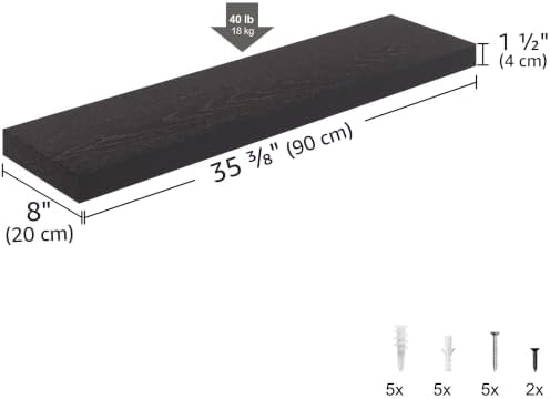 Ballucci Floating Shelf, 36" Wood Wall Shelf with Invisible Brackets for Bathroom, Living Room, Bedroom, Kitchen, Nursery, 8" Deep, Black