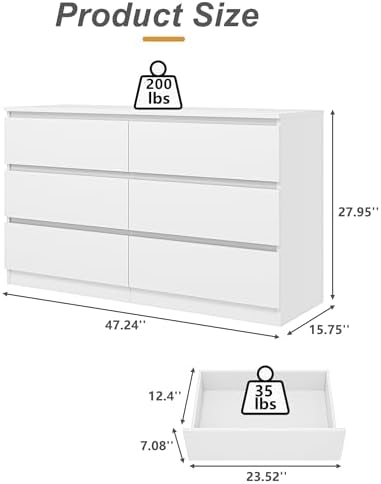VERYKE White 6 Drawer Dresser for Bedroom,Chest of Drawers with No-Handle Design for Closet,Modern Wood Dresser Bedroom Storage Furniture