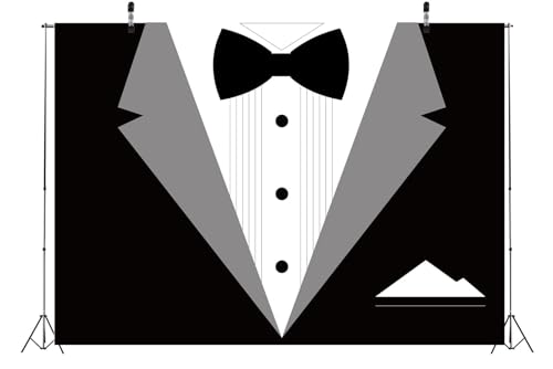 BELECO 5x3ft Fabric Gentleman Tuxedo Backdrop Black and White Bow Tie Suit Background Luxury Birthday Dinner Party Decor Banner Boy Men Father Bridegroom Photoshoot Studio Booth Props - size: 5x3FT