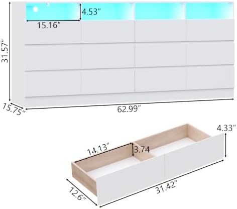 Gyfimoie 12-Compartment Divided Drawer Dresser w/Power Outlet, LED Light