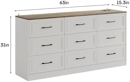 Fameill Dresser for Bedroom, 9 Drawer Wide Dresser Organizer with Charging Station, Tall Dresser for Hallway, Wood Dresser with Metal Handles, Farmhouse White