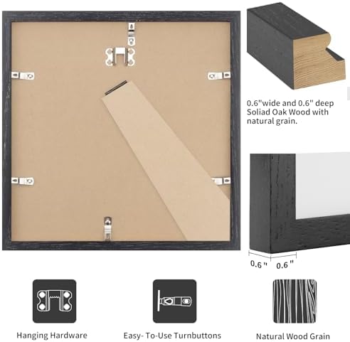 puthiac 8x8 Solid Oak Wood Picture Frame, Black, 1 Pack