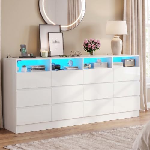 Gyfimoie 12-Compartment Divided Drawer Dresser w/Power Outlet, LED Light