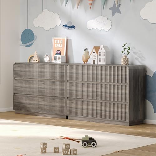 BORNOON Dresser for Bedroom with 6 Drawers, Fluted Chest of Drawers with Round Curved Corner, Hidden Handles, Modern Wood Storage Organizer for Bedroom, Nursery, Living Room
