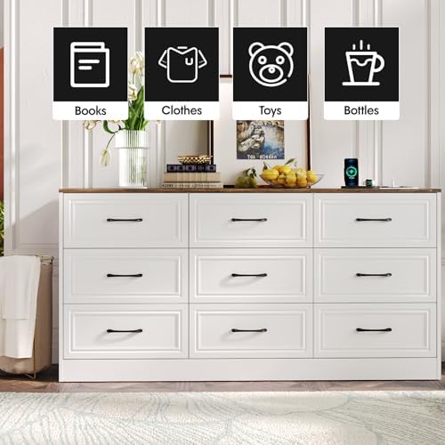 Fameill Dresser for Bedroom, 9 Drawer Wide Dresser Organizer with Charging Station, Tall Dresser for Hallway, Wood Dresser with Metal Handles, Farmhouse White