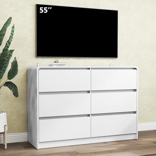 White 6 Drawer Dresser for Bedroom,Modern Deep Drawer Dresser with Curved Corner and No-Handle Design,Storage Wide Chest of Drawer,Wood Bedroom Storage Furniture for Closet,Nursery