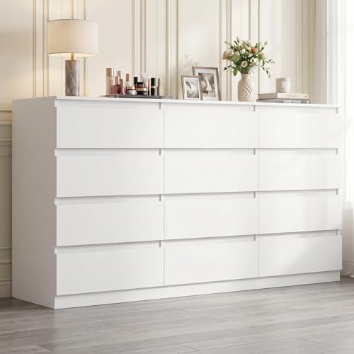 White 12 Drawer Dresser for Bedroom,Modern Long Deep Drawer Dresser,Wood Storage Chest of Drawer, Storage Organizer Drawers for Living Room