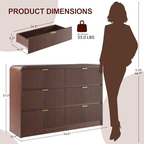 FURSUN Fluted 6 Drawers Dresser for Bedroom, 54" Wide Wooden Dresser with Metal Handle, Curved Profile Design, Modern Storage Organizer for Bedroom, Living Room, Hallway, Dark Walnut