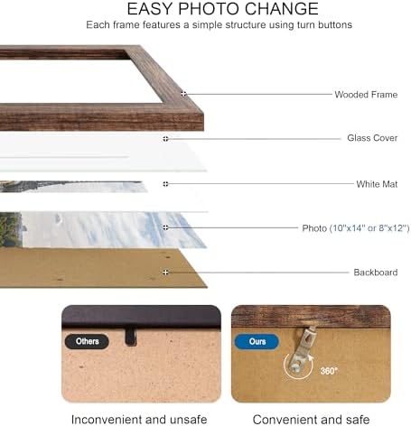Hongkee 10x14 Picture Frame Set of 4, Made of Glass and Rustic Brown Wooden Frame, Display 8x12 Pictures with Mat or 30 x 40cm Diamond Painting Art without Mat for Wall Mounting, Gallery Photo Frames