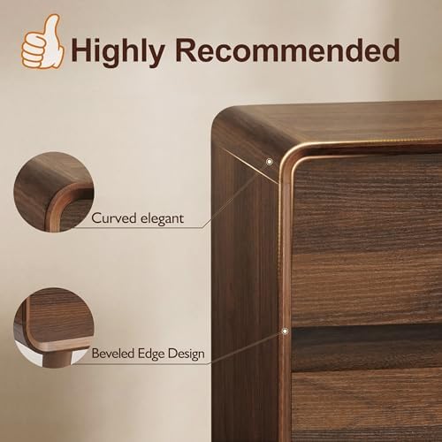 Nasonet 3 Drawer Dressers for Bedroom, Mid Century Modern Chests of Drawers, Curved Dresser with Storage Drawer, Wooden Bedroom Furniture Drawer for Closet, Home Office, Walnut