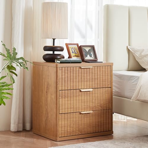 LEYAOYAO Fluted Nightstand Set of 2 with Charging Station,23" Modern Nightstand with Woodgrain Top, 3 Drawer End Table w/Storage, BedsideTables for Bedroom, Living Room, Curved Profile,Brown