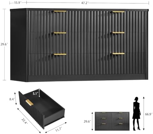 TEENFON Fluted Dresser for Bedroom with 9 Drawers, 63" Wide Modern Chest of Drawers with Metal Handle & Curved Profile Design, Wood Closet Clothes Storage Organizer for Living Room, Hallway, Black