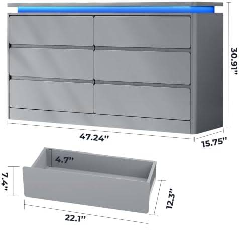 6 Drawer Dresser for Bedroom,47.24" Long Grey Chest of Drawers w/LED Lights