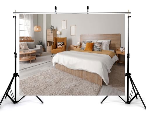 12x8ft Stylish Modern Bedroom Backdrop with Cozy Furniture and Neutral Tones Photography Background Inviting Warm Home Birthday Party Baby Shower Decorations Banner Photo Studio Props - size: 12x8ft
