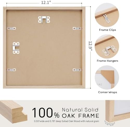 puthiac 12x12 Solid Oak Wood Picture Frame, Natural Oak, 1 Pack