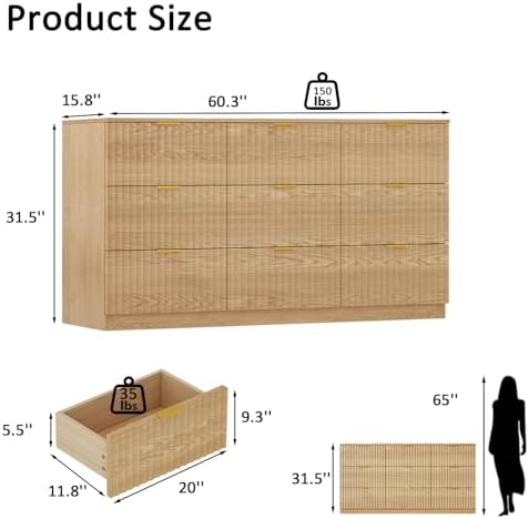 60.3" Wide Fluted 9 Drawer Dresser for Bedroom, Natural