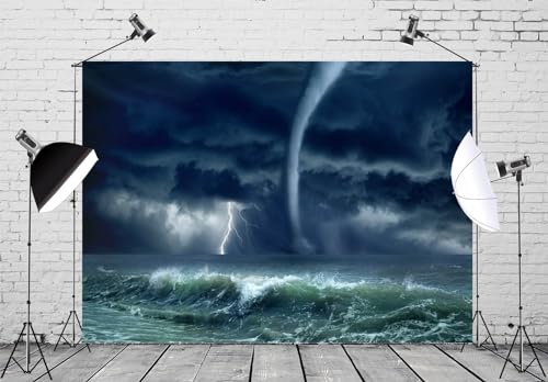 12x8ft Fabric Hurricane in The Ocean Photography Backdrop Lighting Storm and Grey Sky Background Horror Disaster Scenery Decorations Halloween Themed Party Photoshoot Booth Studio Props - size: 12x8FT