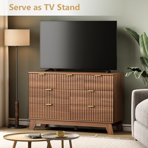 Wodeer 7 Drawer Fluted Dresser for Bedroom, Mid Century Modern Wooden Dresser with 7 Drawers, Dressers & Chests of Drawers with Metal Handle, TV Stand & Storage Organizer for Entryway, Hallway, Walnut