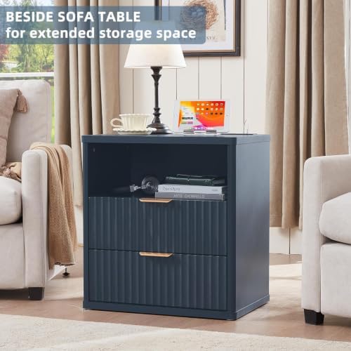 LEYAOYAO Fluted Nightstand with Charging Station, 23" Modern Night Stand with Woodgrain Top, 2 Drawer End Table w/Storage, Bedside Tables for Bedroom, Living Room, Curved Profile Design, Blue