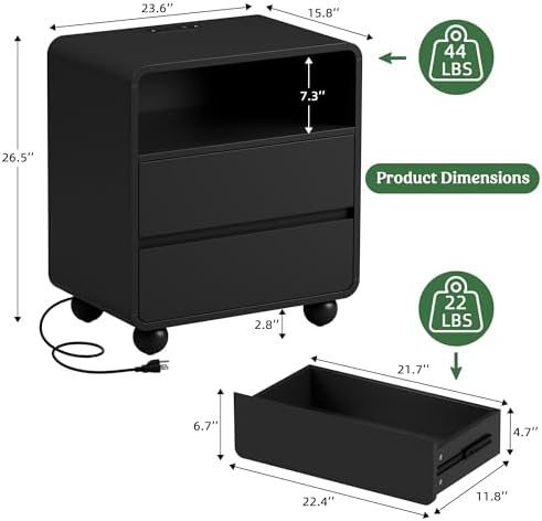 Lulive Night Stand, Bedside End Table with Charging Station, Black