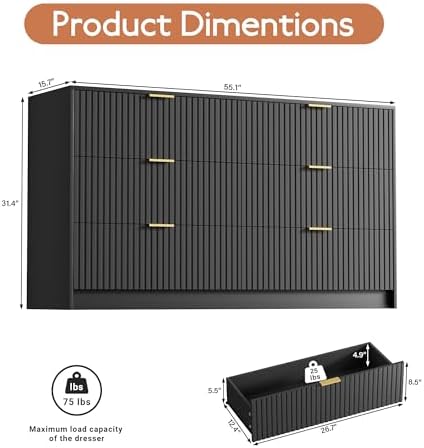 Furniway Black Dresser for Bedroom, Modern Dresser with 6 Drawers and Smooth Slides, Wide Chest of Drawers with Golden Handles for Bedroom, Living Room, Closet, 15.7" D x 55.1" W x 31.4" H