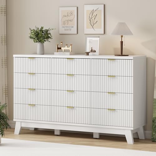 Xixini Fluted Dresser for Bedroom with 12 Drawers, 57" Wide Modern Chest of Drawers with Metal Handle, Wooden Dresser TV Stand, Wood Closet Clothes Storage Organizer for Living Room, Hallway, White
