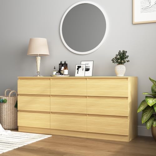 Vibe & Dine 9 Drawer Dresser, 59.1" Long Dresser for Bedroom Free Handle, Modern Wooden Chest of Drawers with Wide Storage for Living Room, Natural Wood