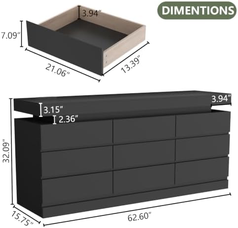 Gyfimoie 9 Drawer Dresser with Power Outlet, Modern Dresser with LED Light