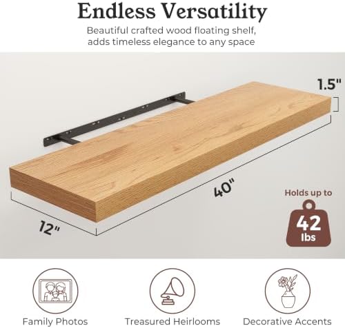 40" Natural Oak Color Floating Shelves 12inch Deep Shelf, Set of 2