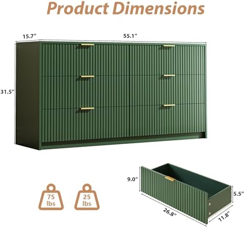 MAISONARIA Green 6 Drawer Dresser for Bedroom, 55" Wide Modern Chest of Drawers with Gold Metal Handles, Fluted Wood TV Stand for Living Room, Hallway